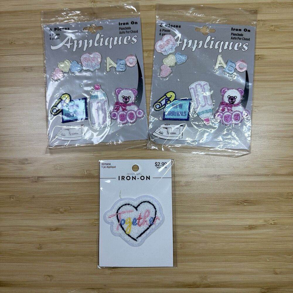 Lot (3) Vtg 6-PCS Baby Iron-on Patches Embroidered (2) And 1 Heart Together NOS
